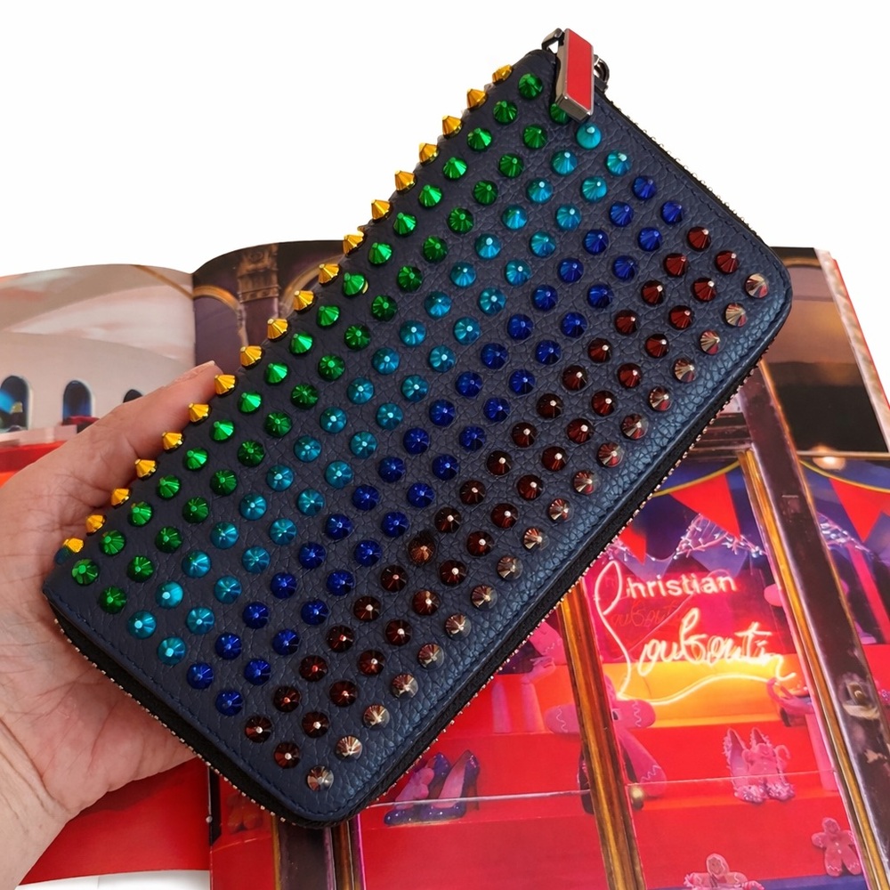 Louboutin• Panettone Studded Zip Around Leather Wallet Multicolor Crystal Spikes